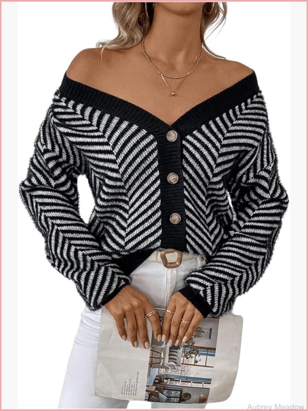 Striped Button Up Cardigan V Neck Drop Shoulder Casual Cardigan